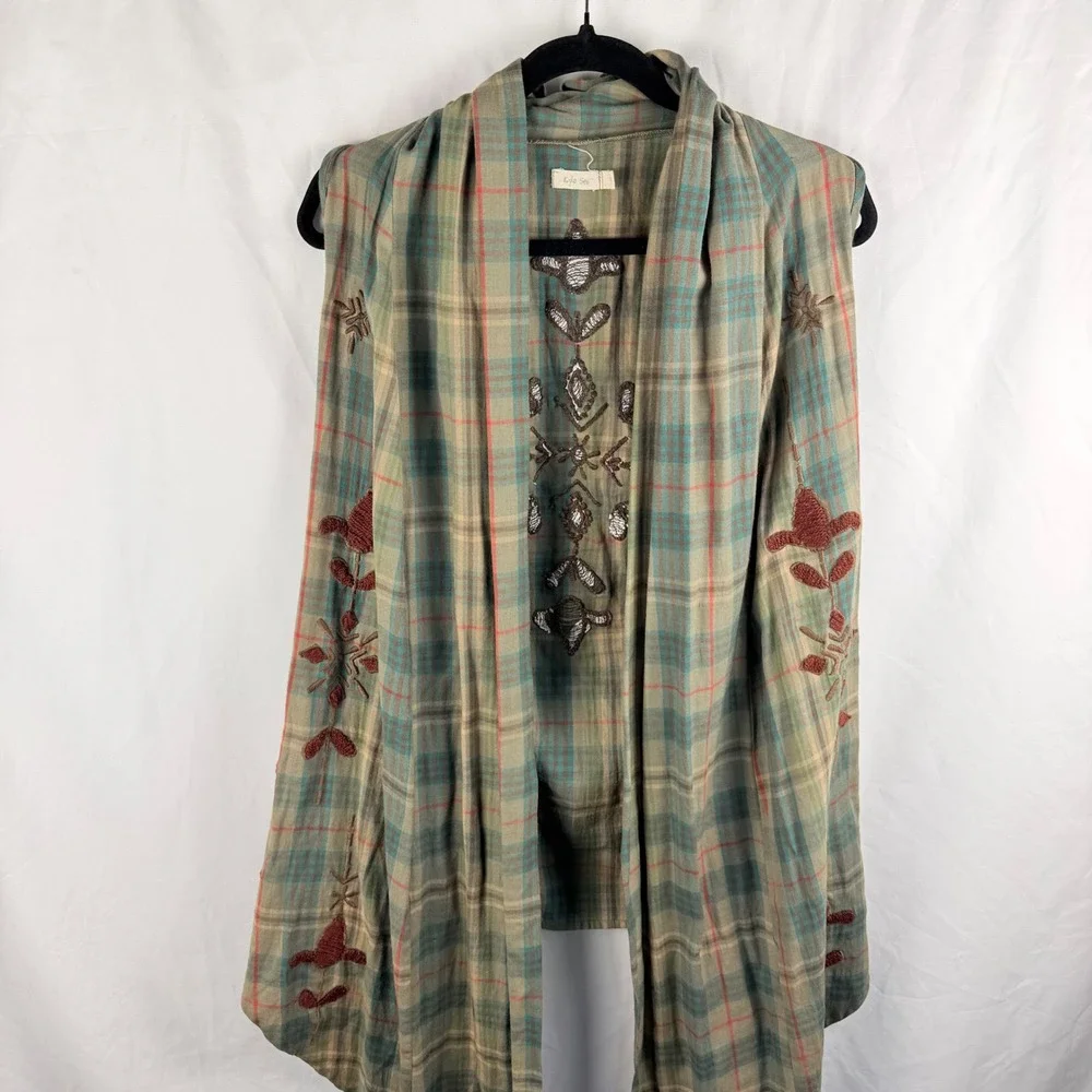 Kyla Seo Embroidered‎ Plaid Lagenlook Vest Small Green Brown Boho Fairygrunge